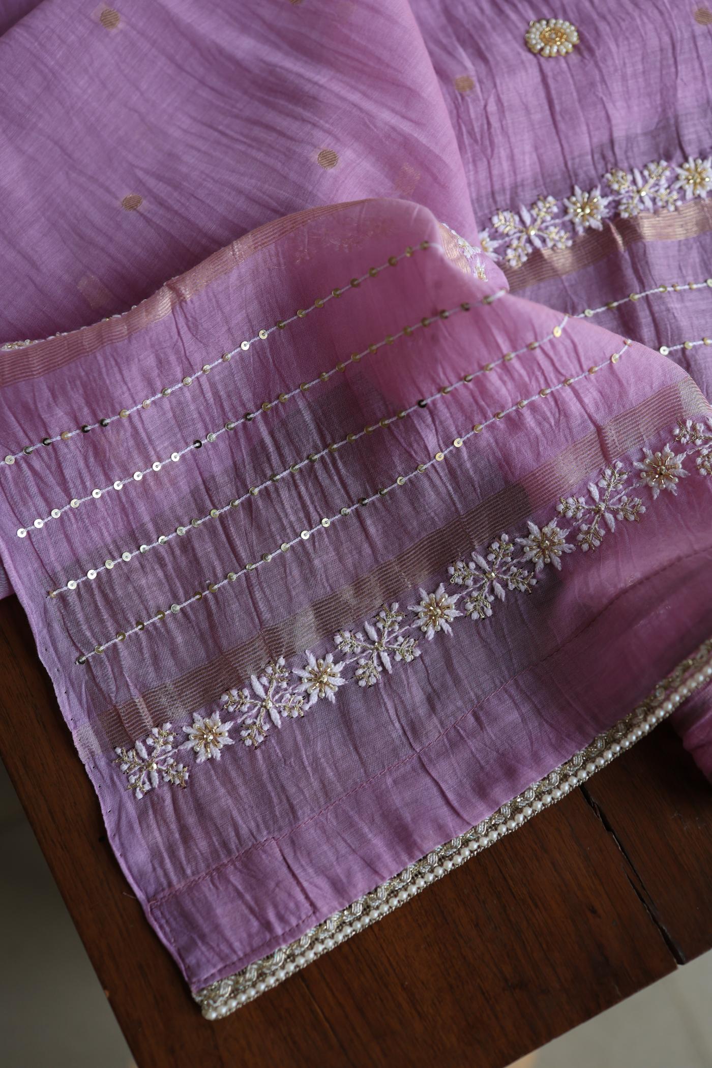 Lavender Purple Shade Mal Chanderi Chikankari Unstitched Fabric with Sequin & Pearl Work