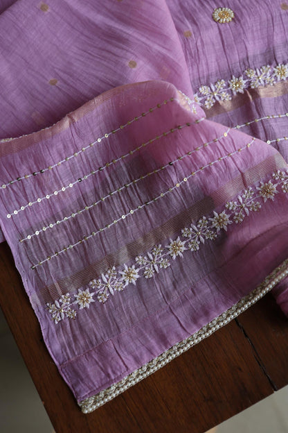 Lavender Purple Shade Mal Chanderi Chikankari Unstitched Fabric with Sequin & Pearl Work