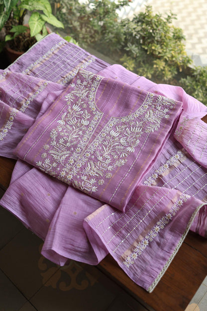 Lavender Purple Shade Mal Chanderi Chikankari Unstitched Fabric with Sequin & Pearl Work