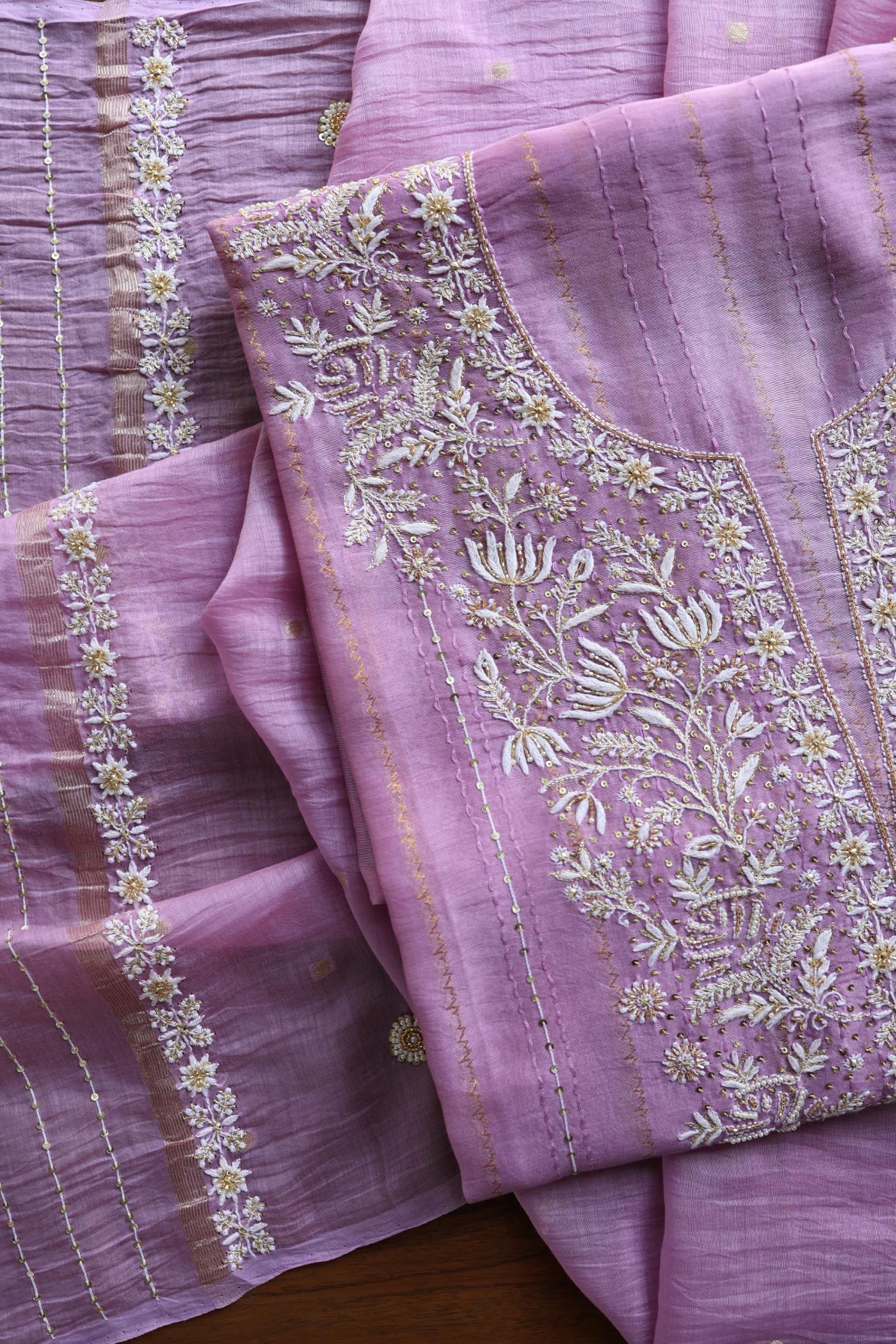 Lavender Purple Shade Mal Chanderi Chikankari Unstitched Fabric with Sequin & Pearl Work