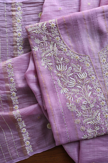 Lavender Purple Shade Mal Chanderi Chikankari Unstitched Fabric with Sequin & Pearl Work