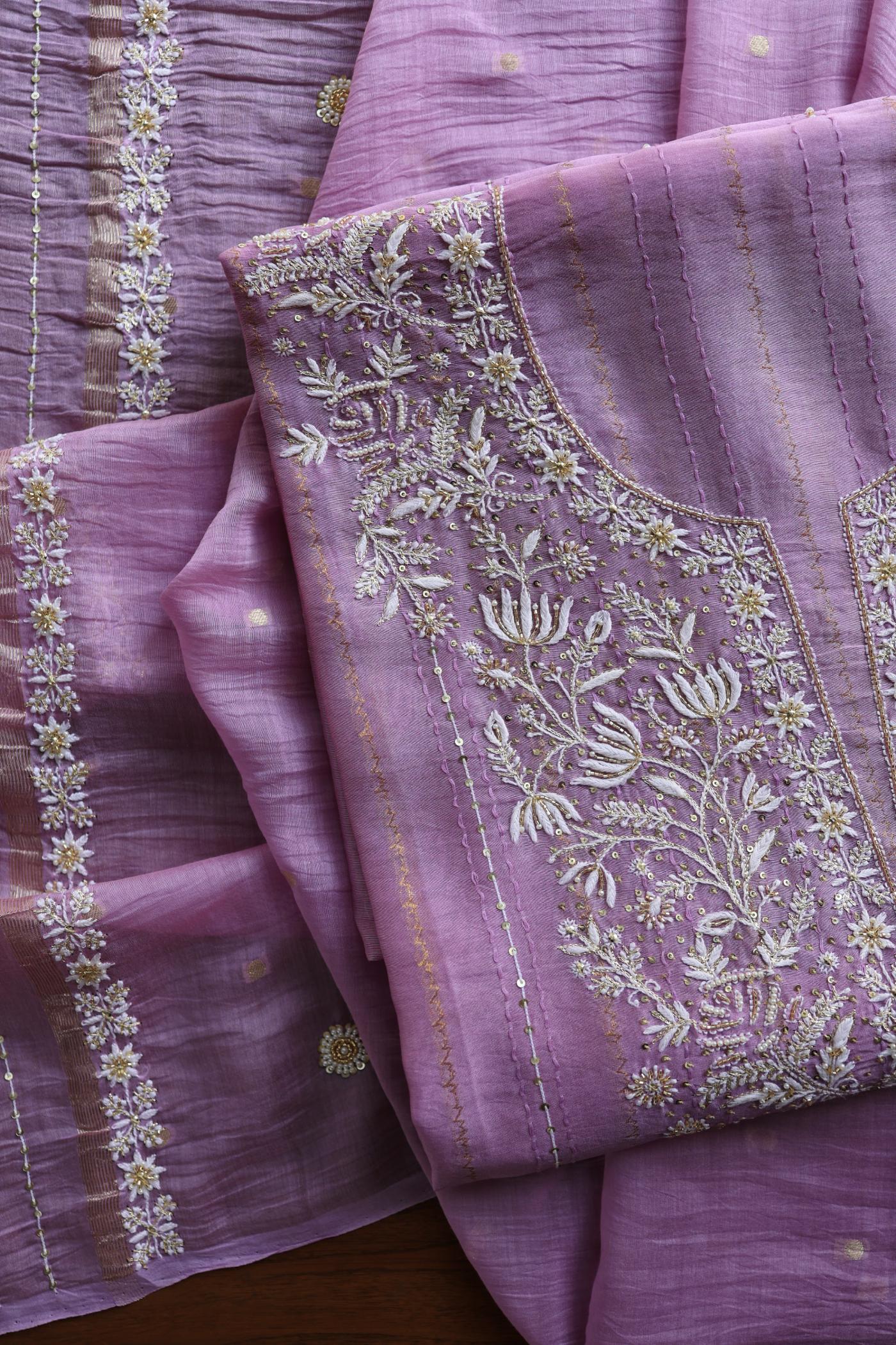 Lavender Purple Shade Mal Chanderi Chikankari Unstitched Fabric with Sequin & Pearl Work