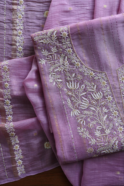 Lavender Purple Shade Mal Chanderi Chikankari Unstitched Fabric with Sequin & Pearl Work