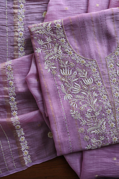 Lavender Purple Shade Mal Chanderi Chikankari Unstitched Fabric with Sequin & Pearl Work