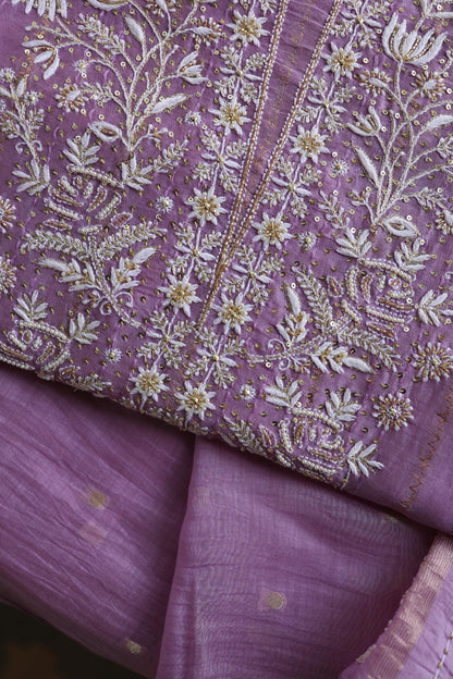 Lavender Purple Shade Mal Chanderi Chikankari Unstitched Fabric with Sequin & Pearl Work