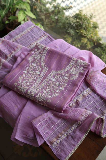 Lavender Purple Shade Mal Chanderi Chikankari Unstitched Fabric with Sequin & Pearl Work