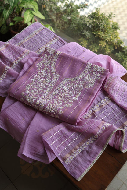 Lavender Purple Shade Mal Chanderi Chikankari Unstitched Fabric with Sequin & Pearl Work
