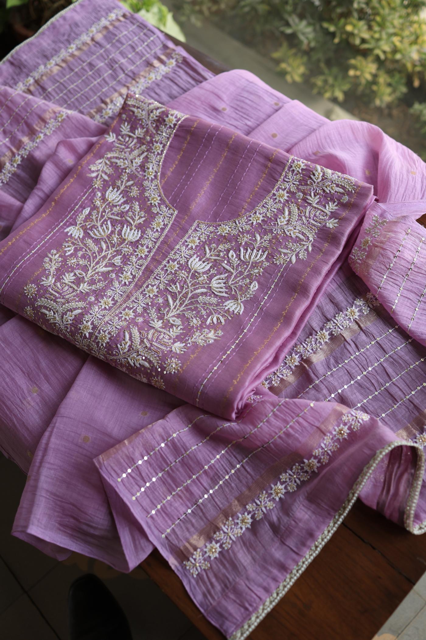 Lavender Purple Shade Mal Chanderi Chikankari Unstitched Fabric with Sequin & Pearl Work
