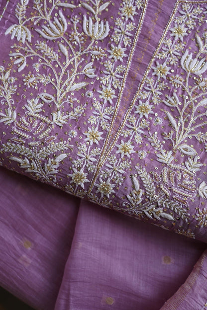 Lavender Purple Shade Mal Chanderi Chikankari Unstitched Fabric with Sequin & Pearl Work