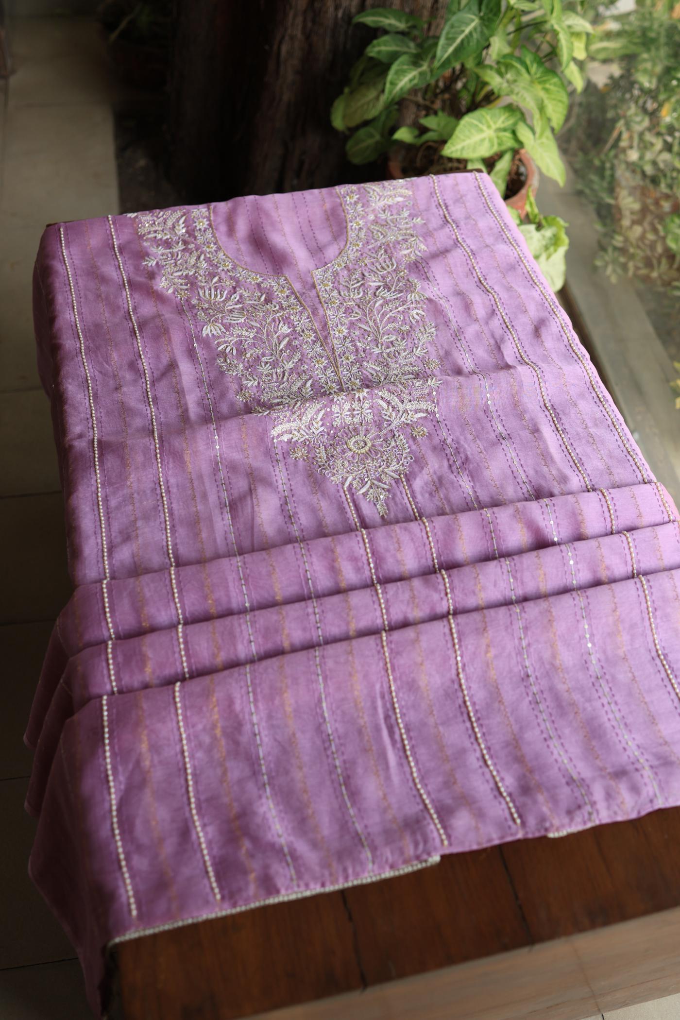 Lavender Purple Shade Mal Chanderi Chikankari Unstitched Fabric with Sequin & Pearl Work