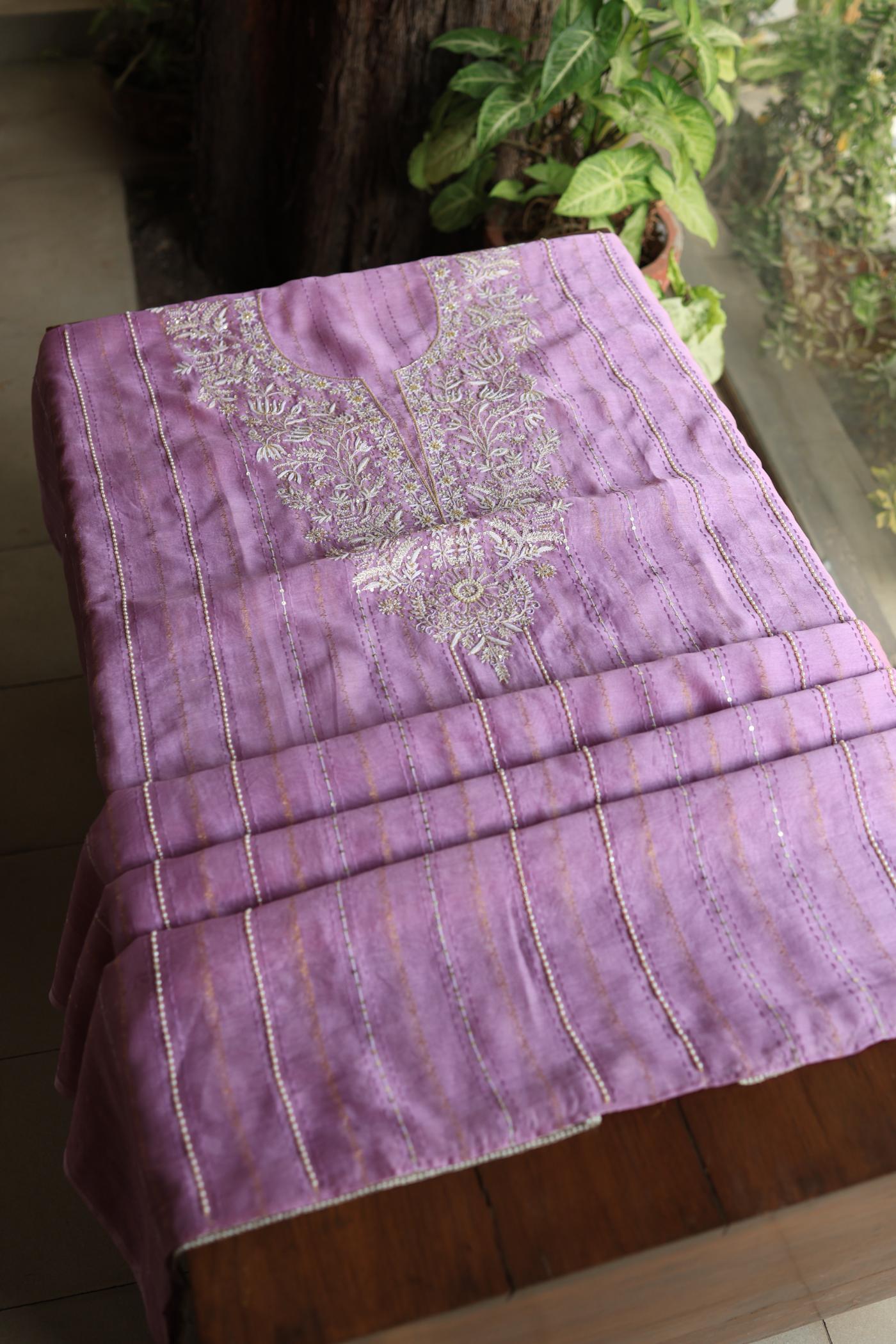 Lavender Purple Shade Mal Chanderi Chikankari Unstitched Fabric with Sequin & Pearl Work