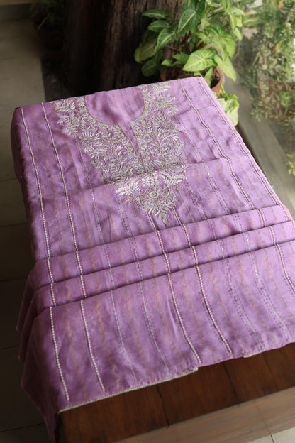 Lavender Purple Shade Mal Chanderi Chikankari Unstitched Fabric with Sequin & Pearl Work