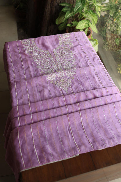 Lavender Purple Shade Mal Chanderi Chikankari Unstitched Fabric with Sequin & Pearl Work