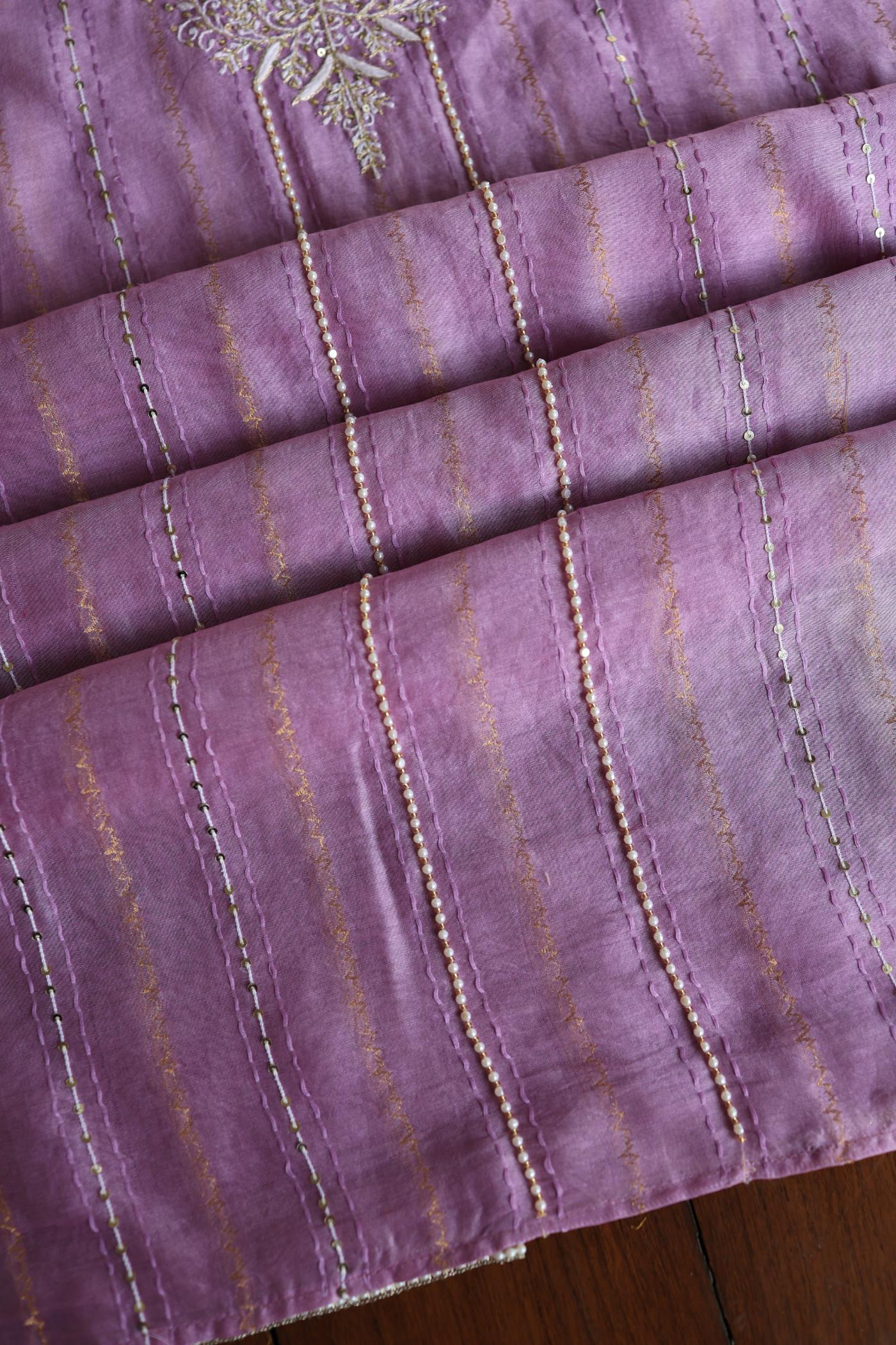 Lavender Purple Shade Mal Chanderi Chikankari Unstitched Fabric with Sequin & Pearl Work