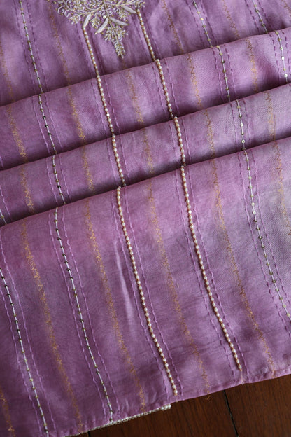 Lavender Purple Shade Mal Chanderi Chikankari Unstitched Fabric with Sequin & Pearl Work