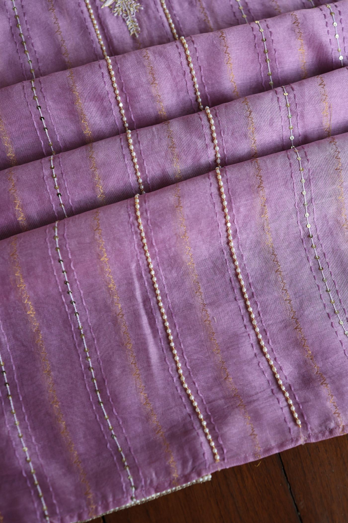 Lavender Purple Shade Mal Chanderi Chikankari Unstitched Fabric with Sequin & Pearl Work