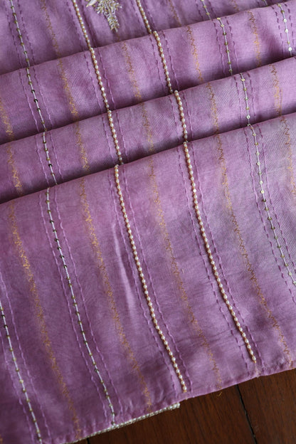 Lavender Purple Shade Mal Chanderi Chikankari Unstitched Fabric with Sequin & Pearl Work