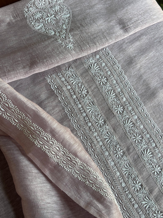 Lavender Shade Linen Chikankari Unstitched Men's Kurtas Fabric
