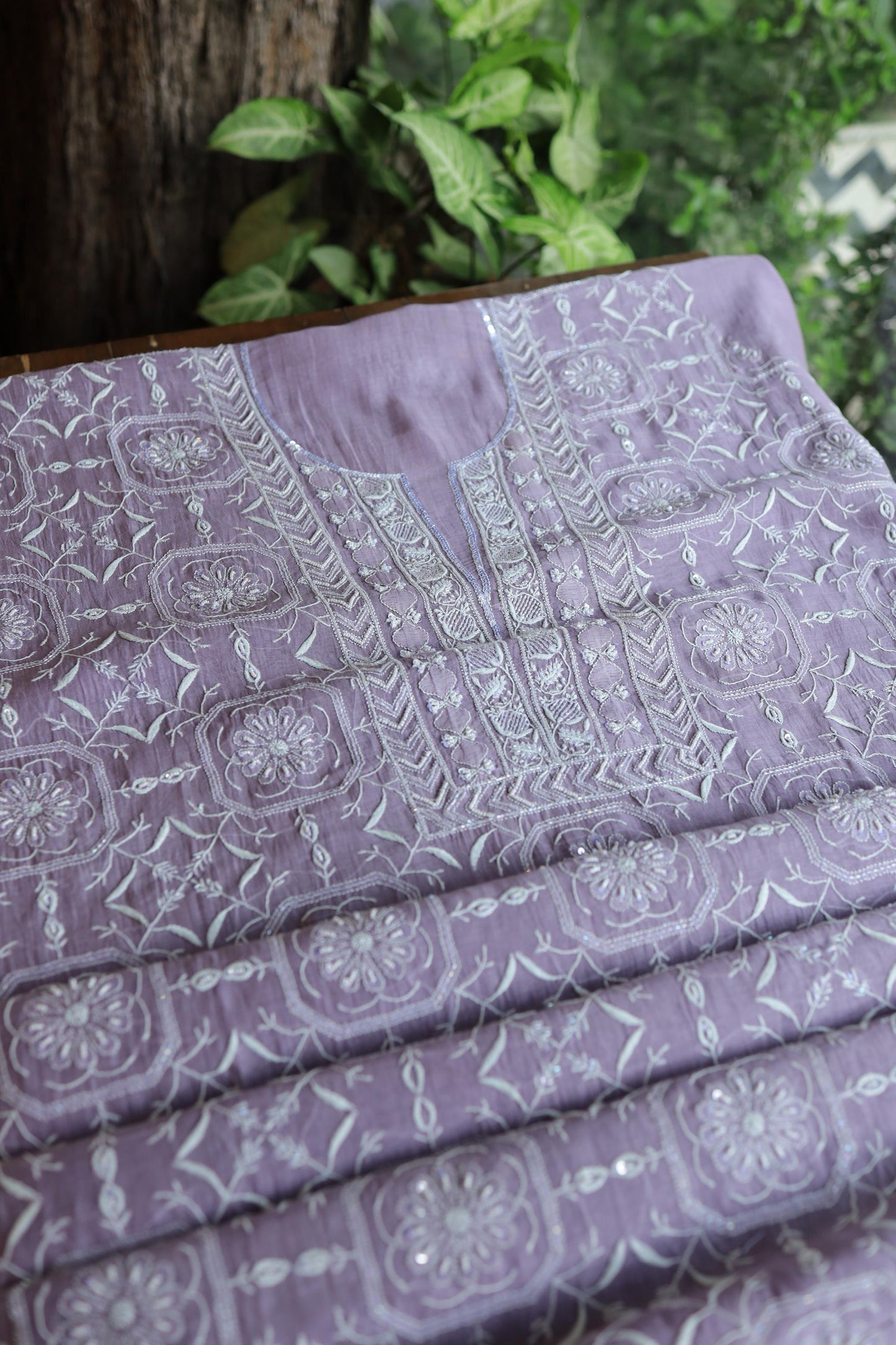 Lavender Shade Mal Chanderi Silk Chikankari Unstitched Fabric