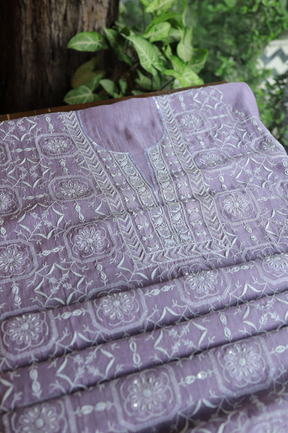 Lavender Shade Mal Chanderi Silk Chikankari Unstitched Fabric