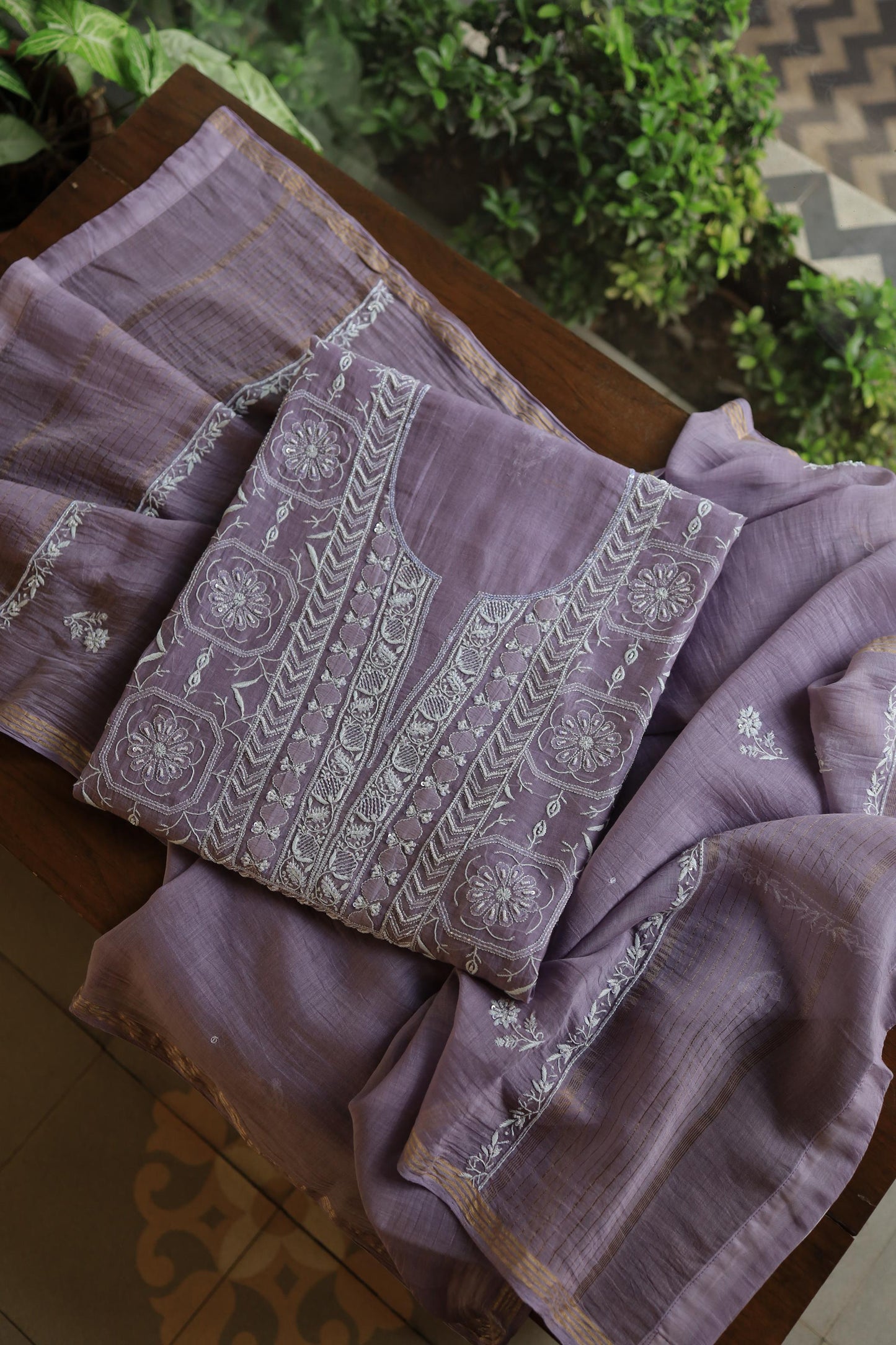 Lavender Shade Mal Chanderi Silk Chikankari Unstitched Fabric
