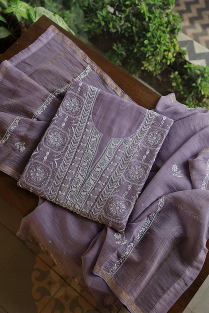 Lavender Shade Mal Chanderi Silk Chikankari Unstitched Fabric