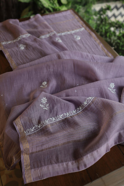 Lavender Shade Mal Chanderi Silk Chikankari Unstitched Fabric
