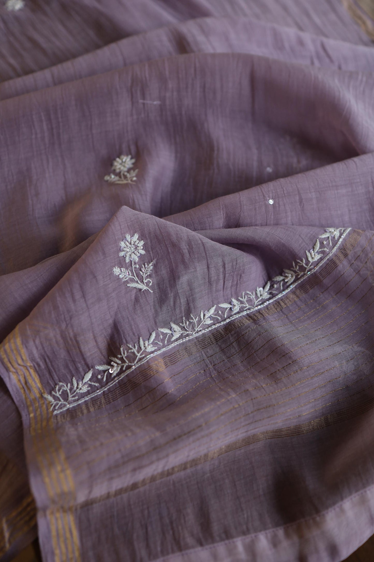 Lavender Shade Mal Chanderi Silk Chikankari Unstitched Fabric