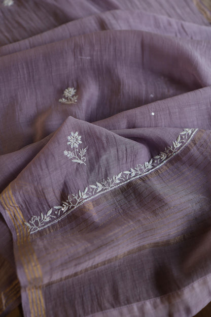 Lavender Shade Mal Chanderi Silk Chikankari Unstitched Fabric
