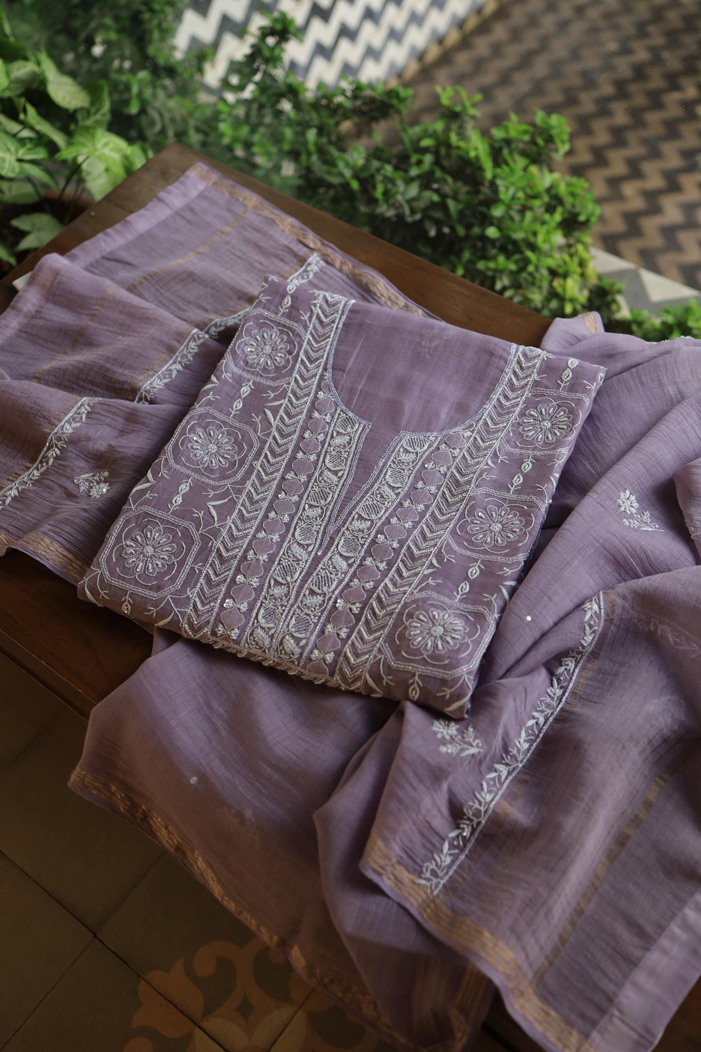 Lavender Shade Mal Chanderi Silk Chikankari Unstitched Fabric