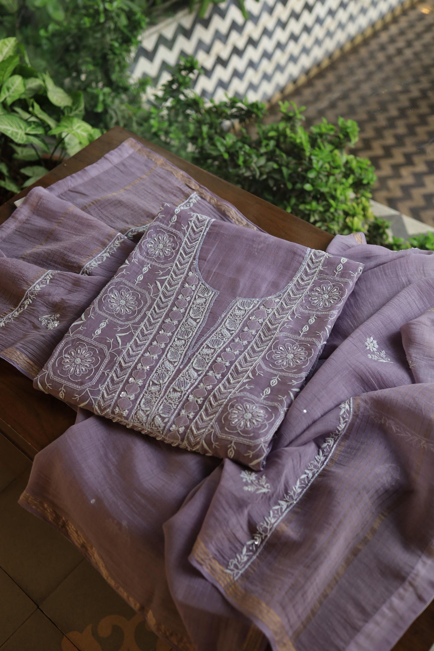 Lavender Shade Mal Chanderi Silk Chikankari Unstitched Fabric