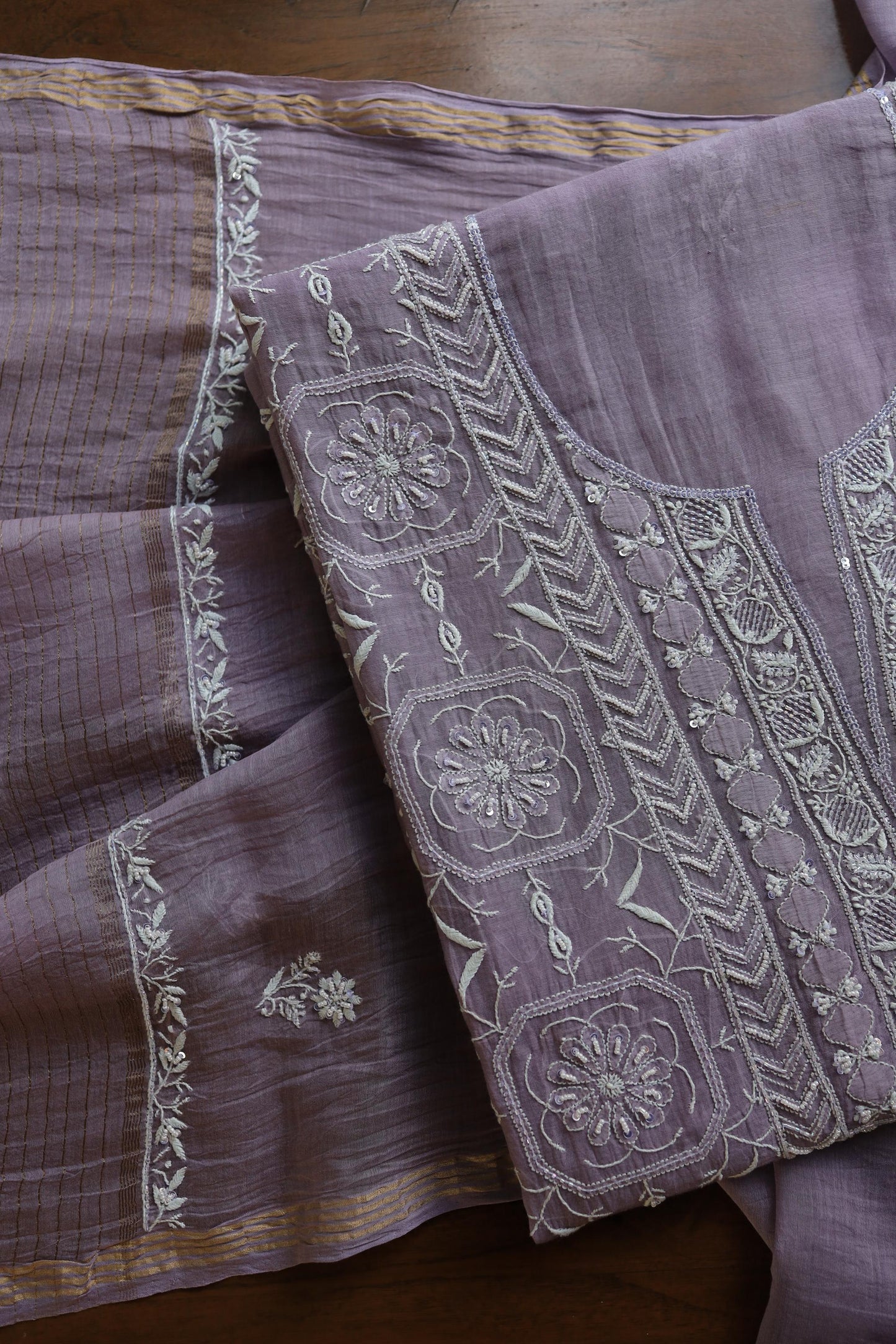 Lavender Shade Mal Chanderi Silk Chikankari Unstitched Fabric