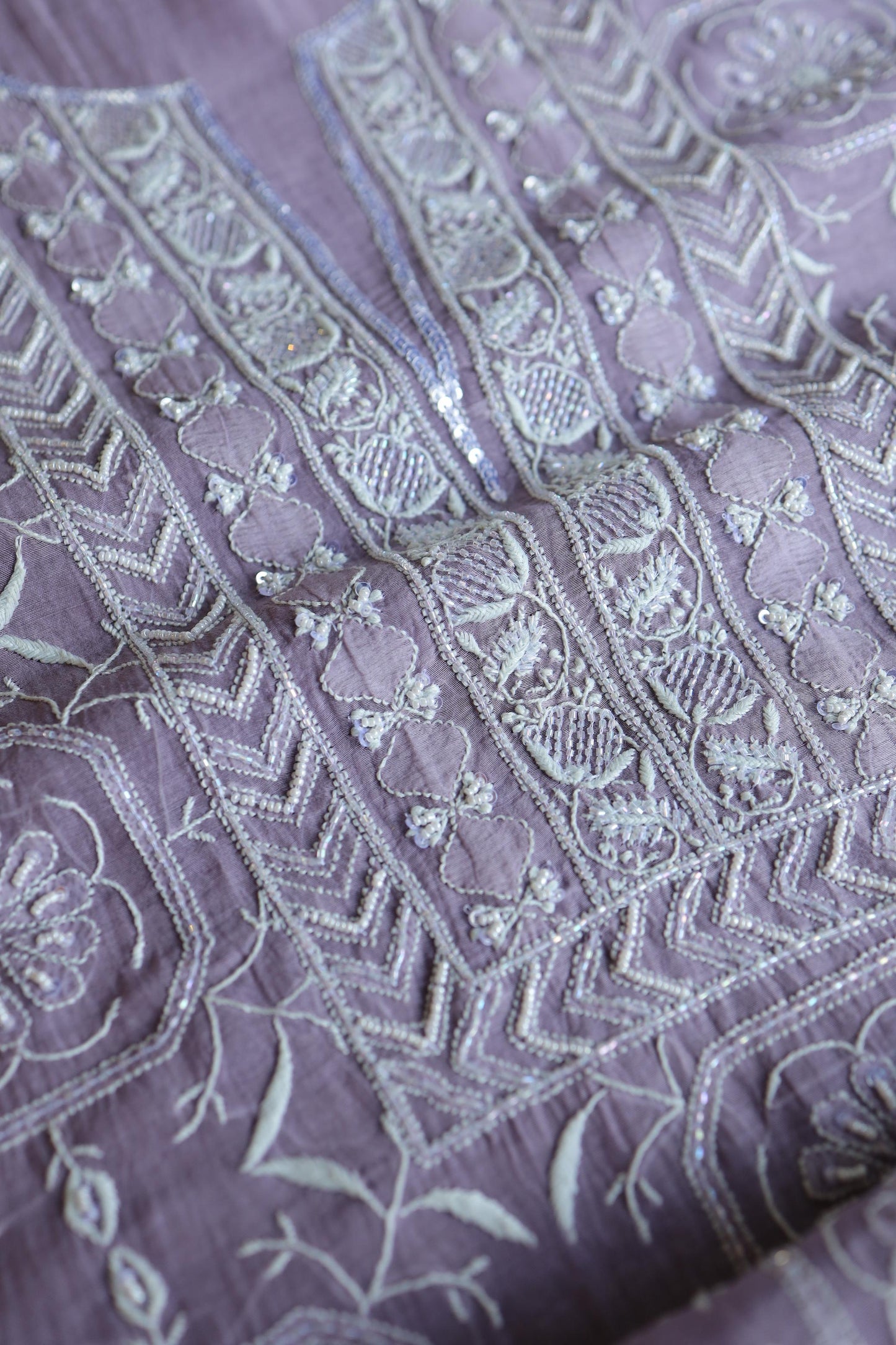 Lavender Shade Mal Chanderi Silk Chikankari Unstitched Fabric