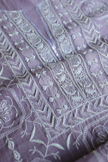 Lavender Shade Mal Chanderi Silk Chikankari Unstitched Fabric
