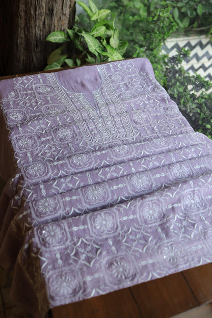 Lavender Shade Mal Chanderi Silk Chikankari Unstitched Fabric