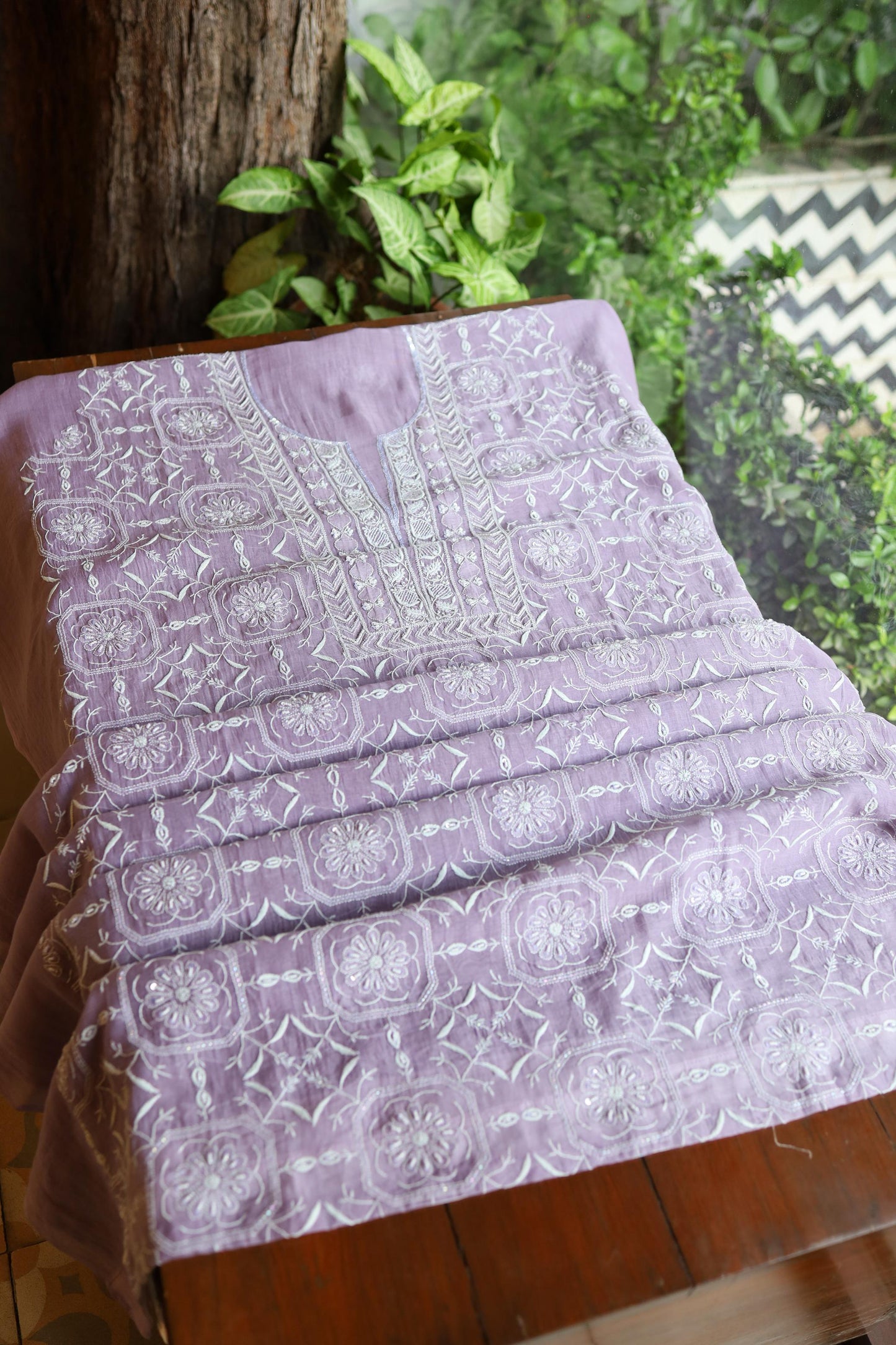 Lavender Shade Mal Chanderi Silk Chikankari Unstitched Fabric