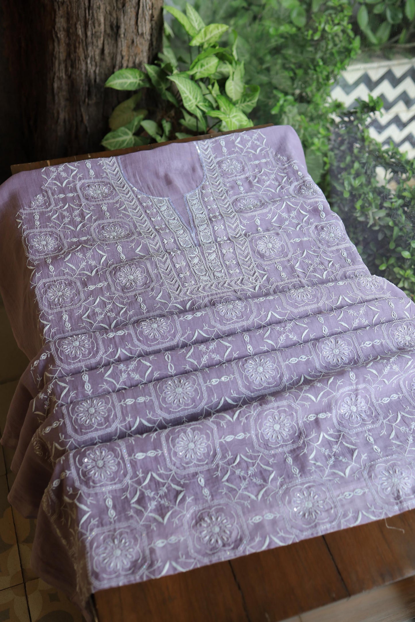 Lavender Shade Mal Chanderi Silk Chikankari Unstitched Fabric