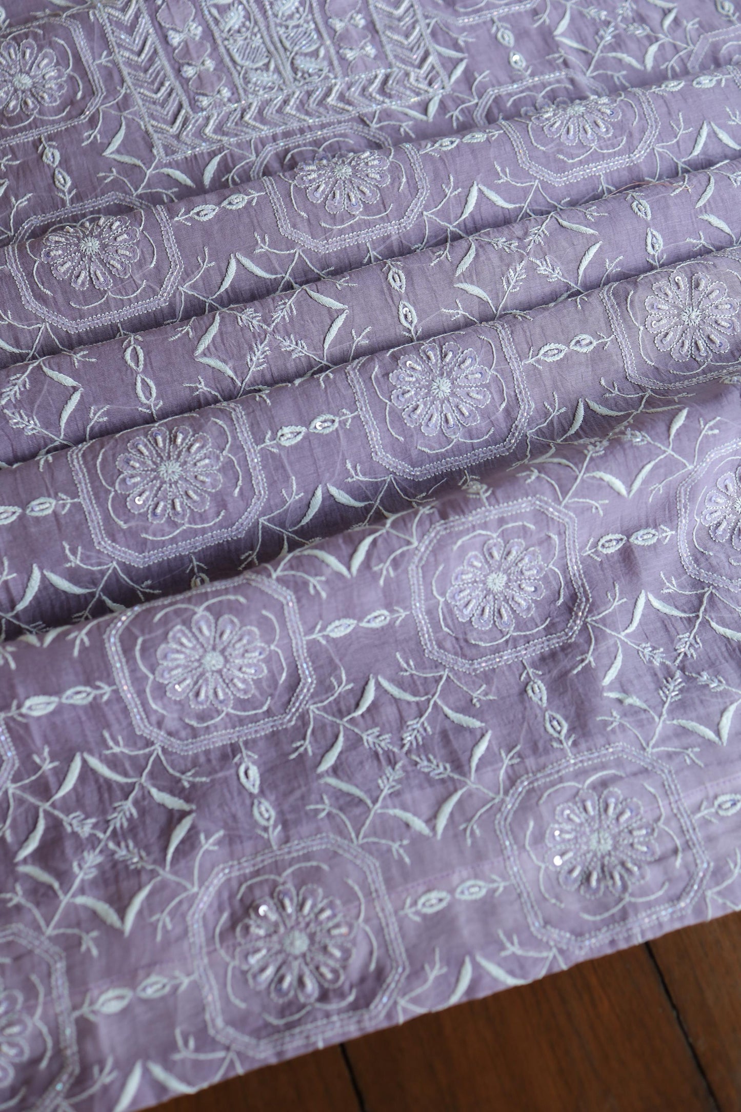 Lavender Shade Mal Chanderi Silk Chikankari Unstitched Fabric