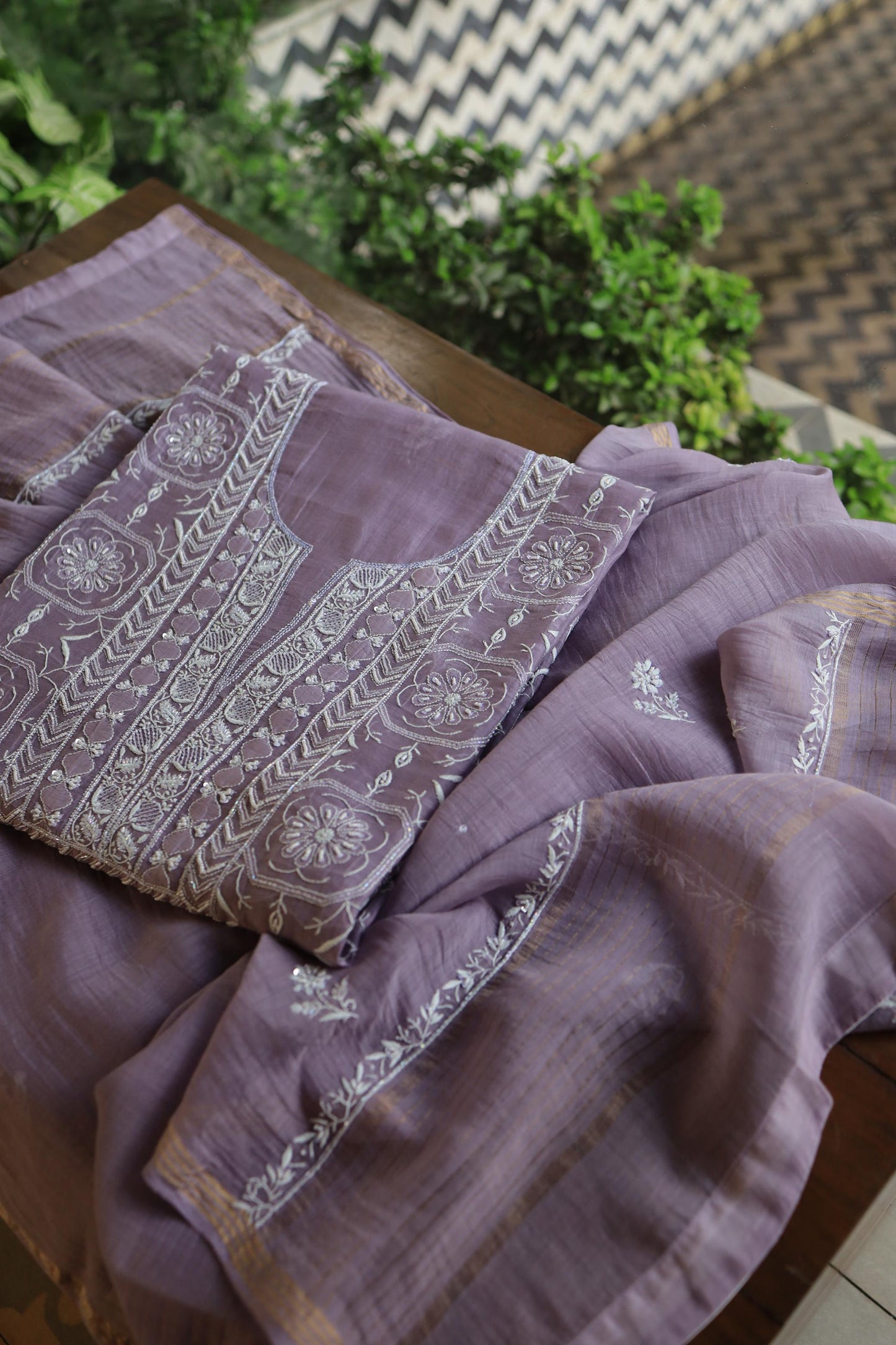 Lavender Shade Mal Chanderi Silk Chikankari Unstitched Fabric