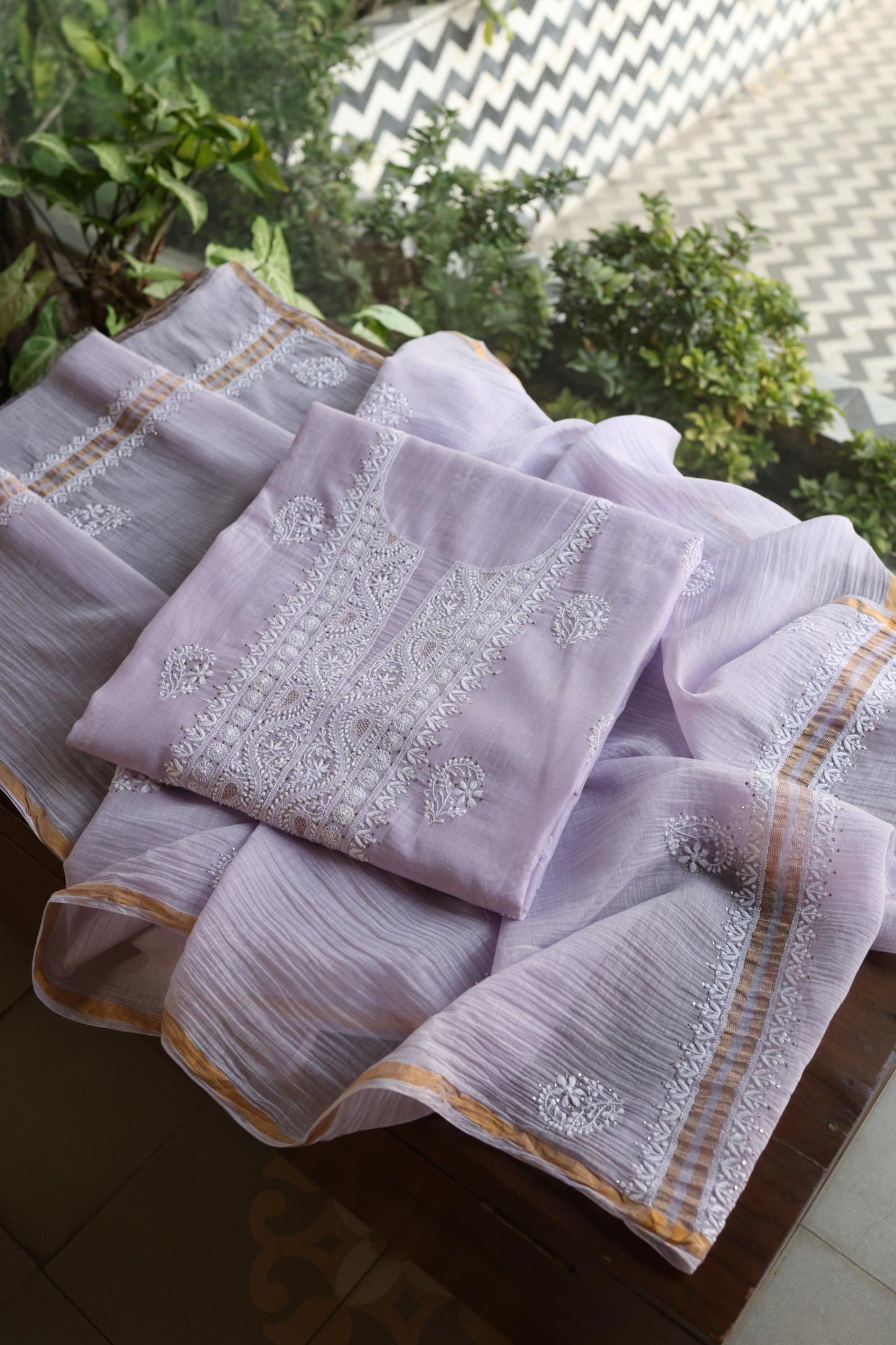 Lavender Shade Mal Cotton Fine Chikankari Unstitched Fabric