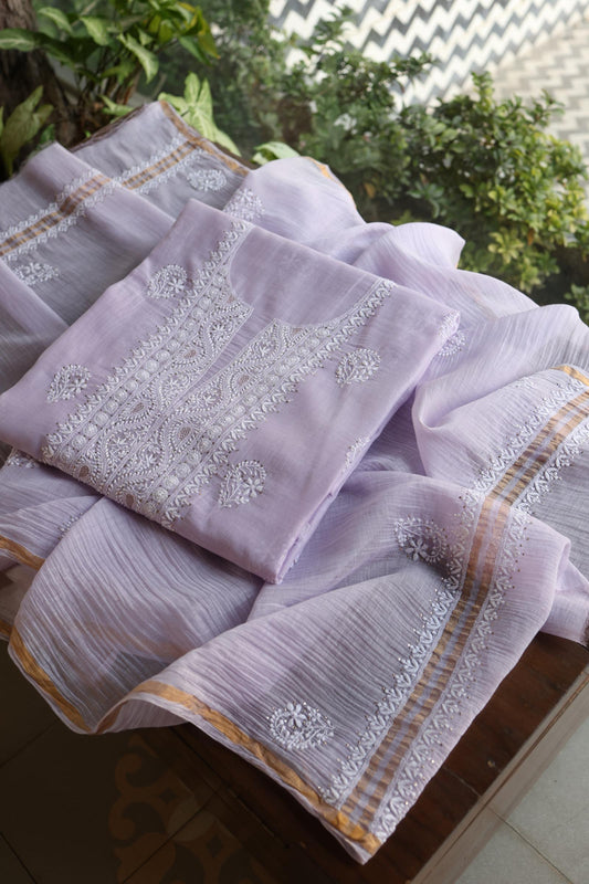 Lavender Shade Mal Cotton Fine Chikankari Unstitched Fabric