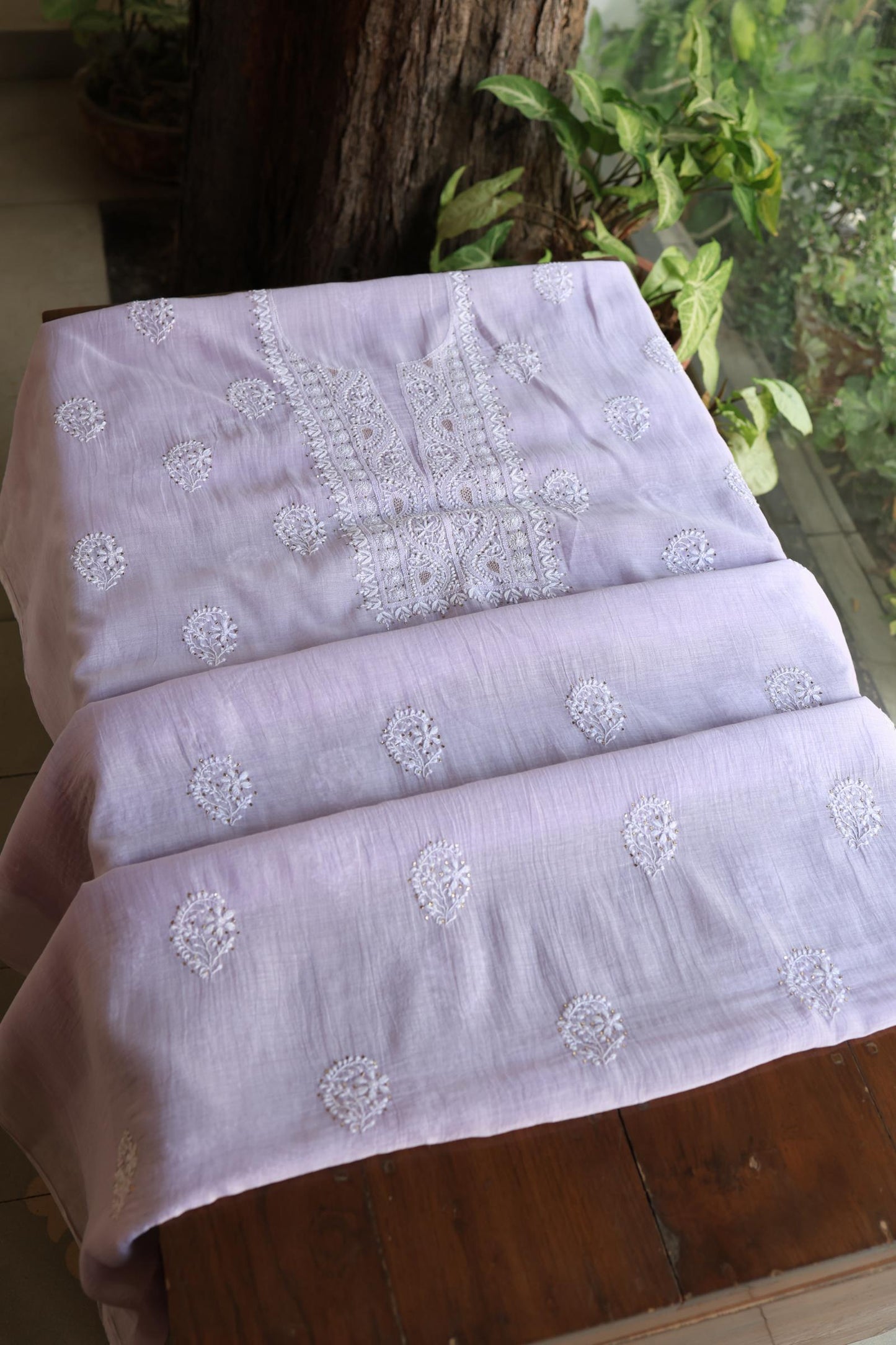 Lavender Shade Mal Cotton Fine Chikankari Unstitched Fabric