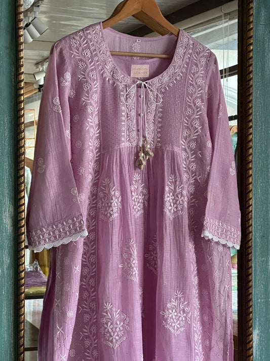 Lavender Shade Malmal Mukaish Kamdani Chikankari Stitched Kurta Dupatta Set