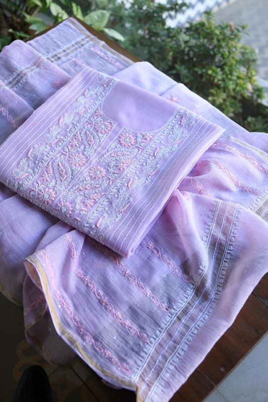 Lavender Shade  Malmal Pearl Work Chikankari Fabric