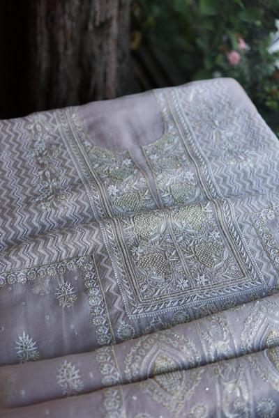 Lavender Shade Noor Benarasi Organza Silk Chikankari Unstitched Kurta Dupatta Set