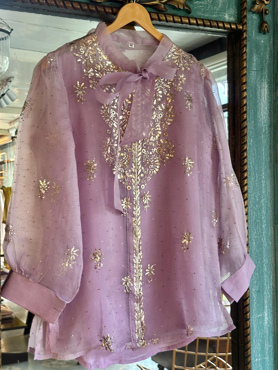 Lavender Shade Noor Organza Mukaish Badla Short Top With Bow Tie