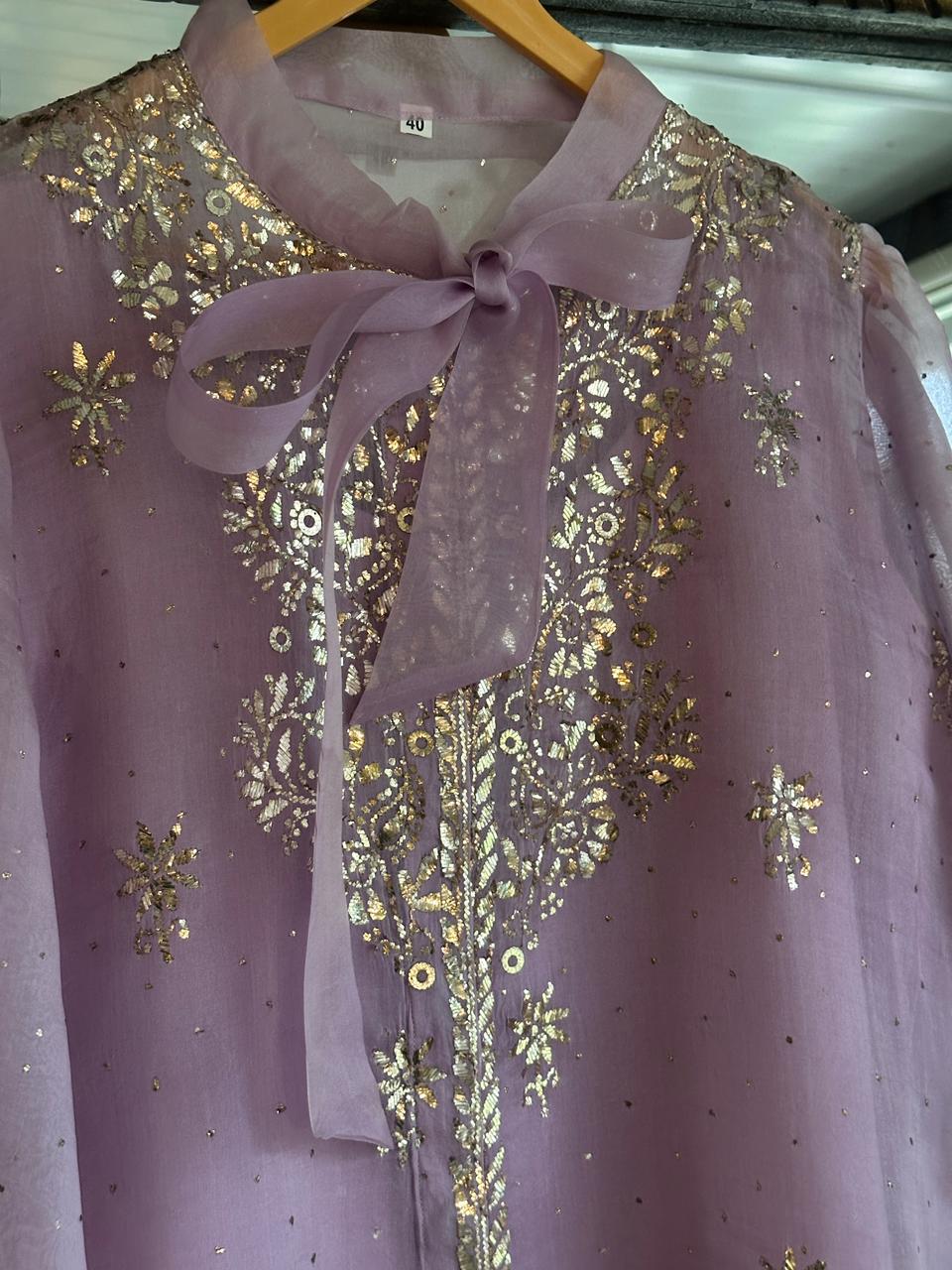 Lavender Shade Noor Organza Mukaish Badla Short Top With Bow Tie