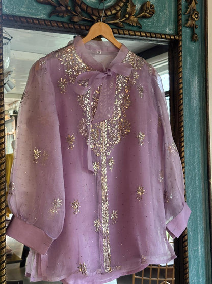 Lavender Shade Noor Organza Mukaish Badla Short Top With Bow Tie