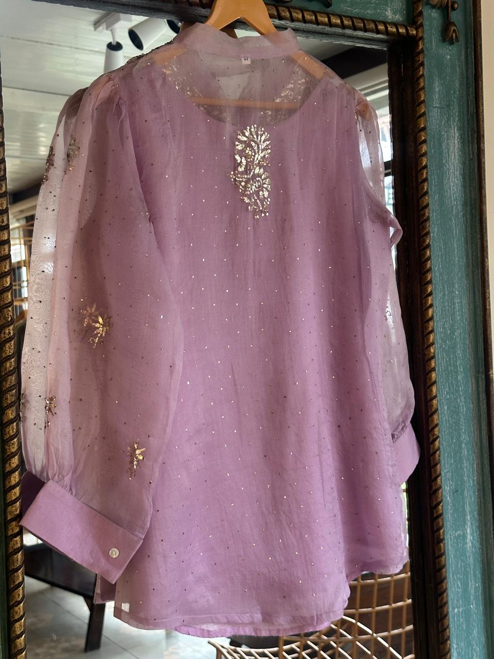 Lavender Shade Noor Organza Mukaish Badla Short Top With Bow Tie