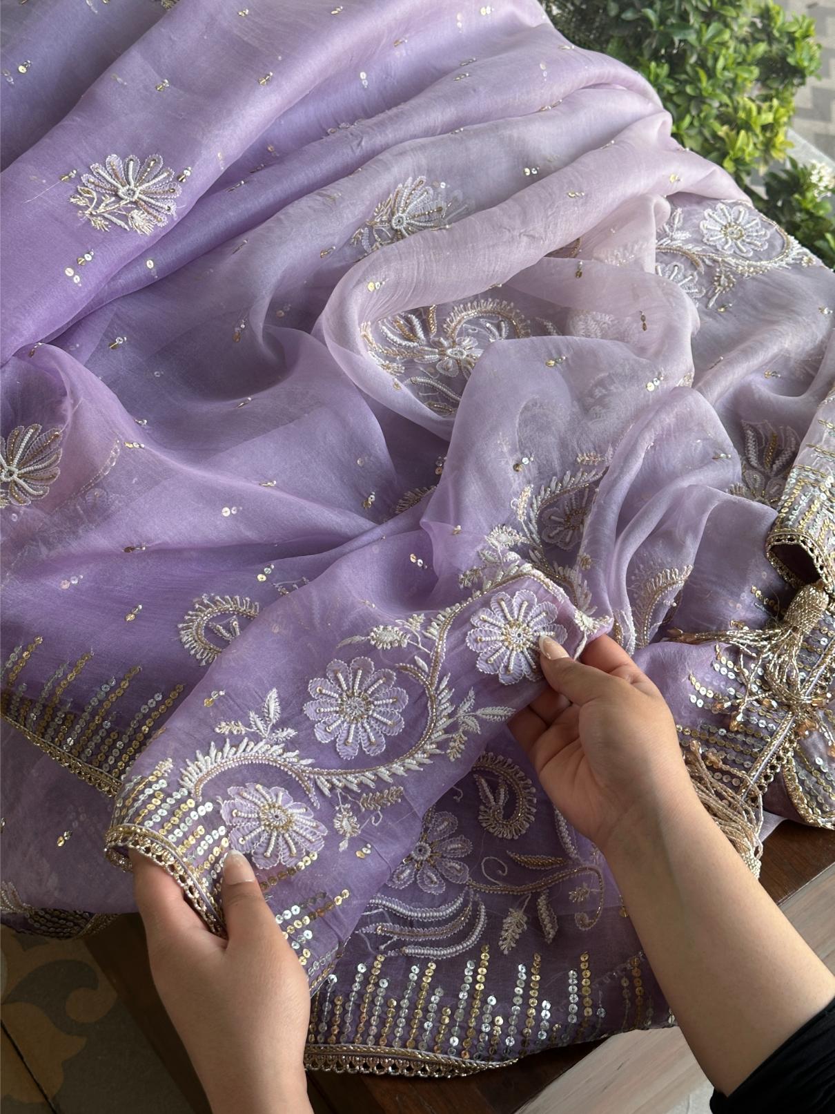 Lavender Shade Organza Saree with Ari Work, Highlight Border & Tassels
